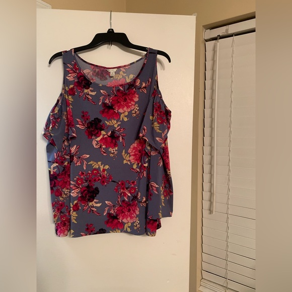 Cato Dusty Blue Floral Cold Shoulder Blouse Size XL X-Large Spring Fall - Picture 2 of 5